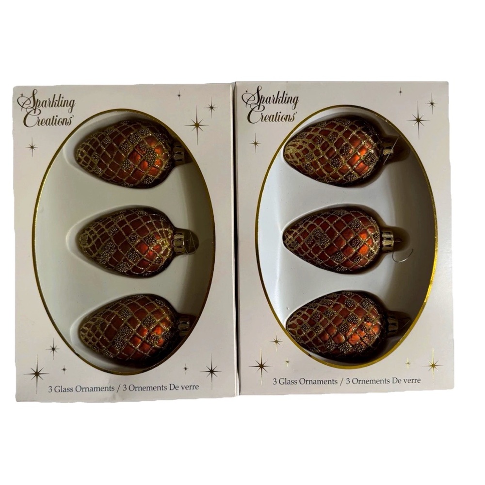 Sparkling Creations Glass Ornaments Brown Bronze Gold Pinecone Lot of 6 Vintage